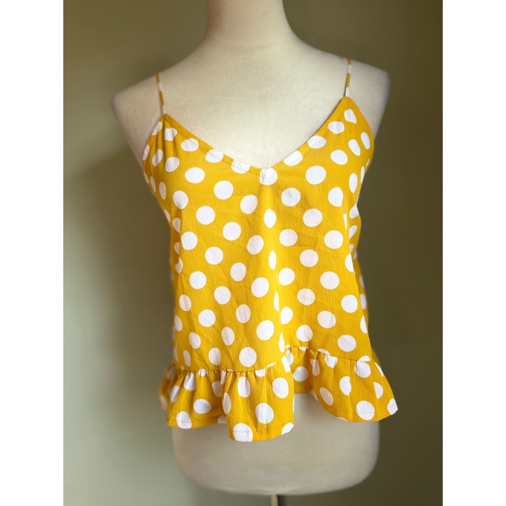 Volcom Women's XS Yellow Polka Dot Cami Top Ruffle Sleeveless Y2K preppy boho xs